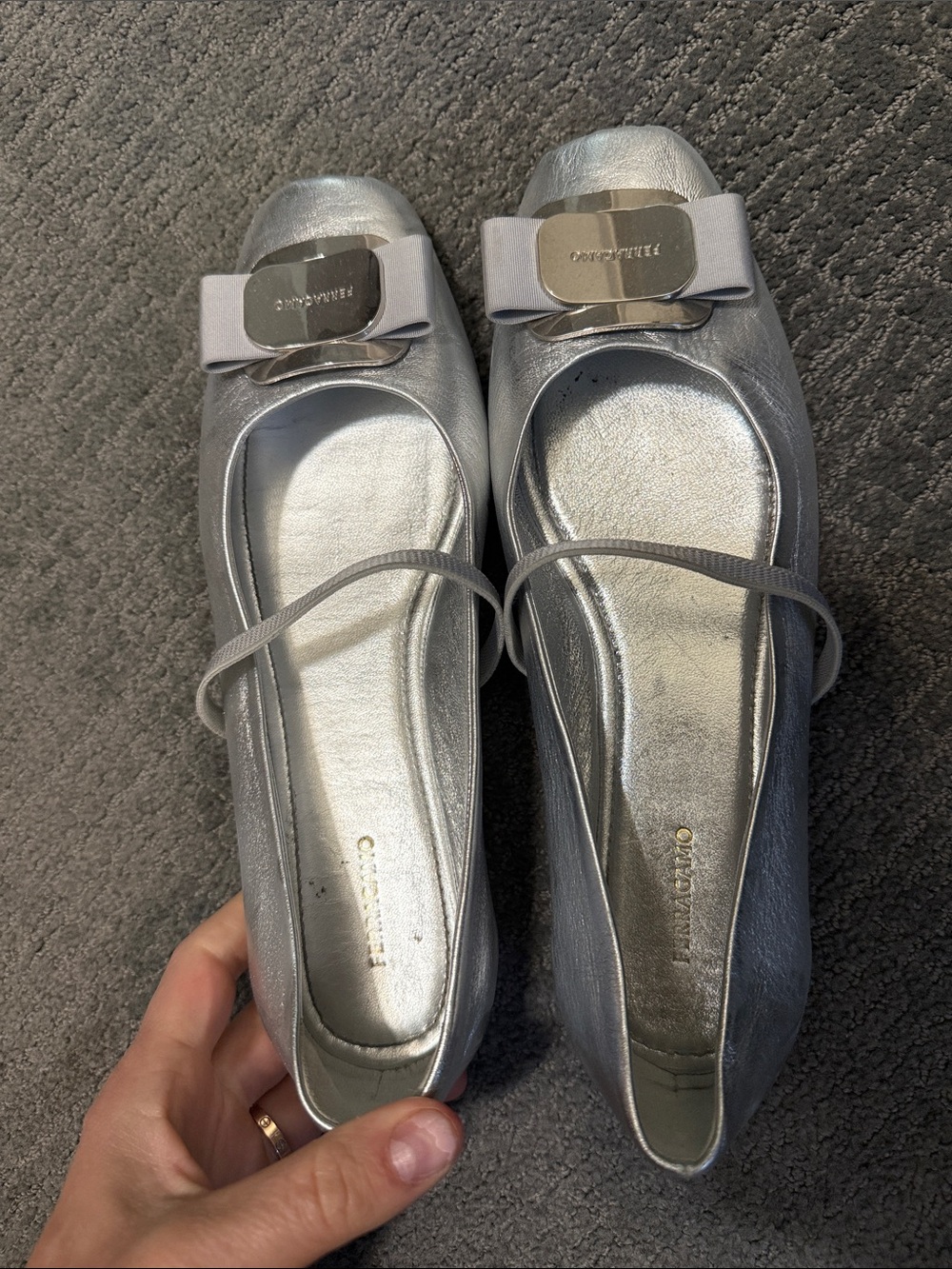 Salvatore Ferragamo Metallic Silver Vara Bow Mary Jane Flats